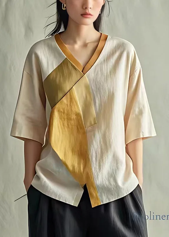 Pre sale - shipping in 30 days/Casual Apricot V Neck Patchwork Linen Blouse Top Summer