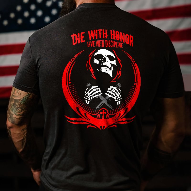 Livereid Die With Honor Live With Discipline Skull Printed Men's T-shirt - Livereid