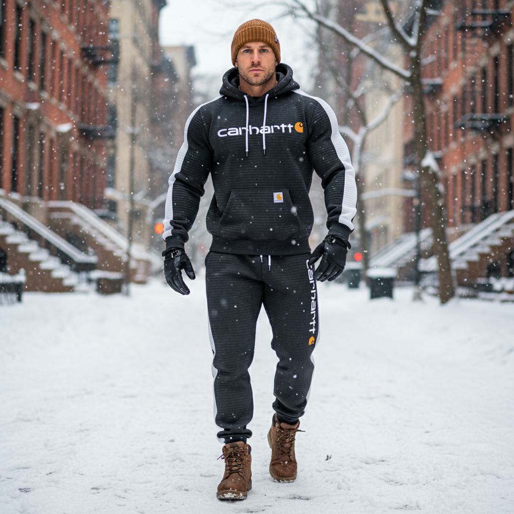 Men's Vintage Dark Gray White Waffle Quilted Plaid Pocket Hoodie And Sweatpants Jogger Set