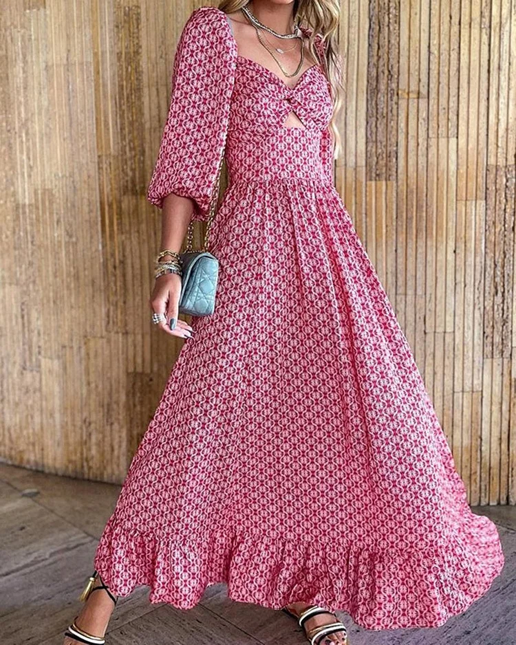 Print hollowed-out long sleeve long skirt dress