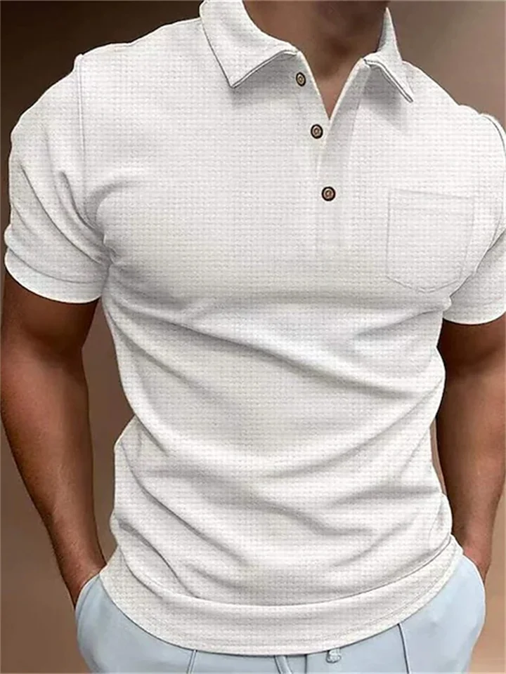 Men's Polo Shirt Waffle Polo Shirt Golf Shirt Solid Colored Turndown Black Blue Khaki Gray White Street Daily Short Sleeve Button-Down Clothing Apparel Fashion Casual Comfortable Big and Tall-Cosfine