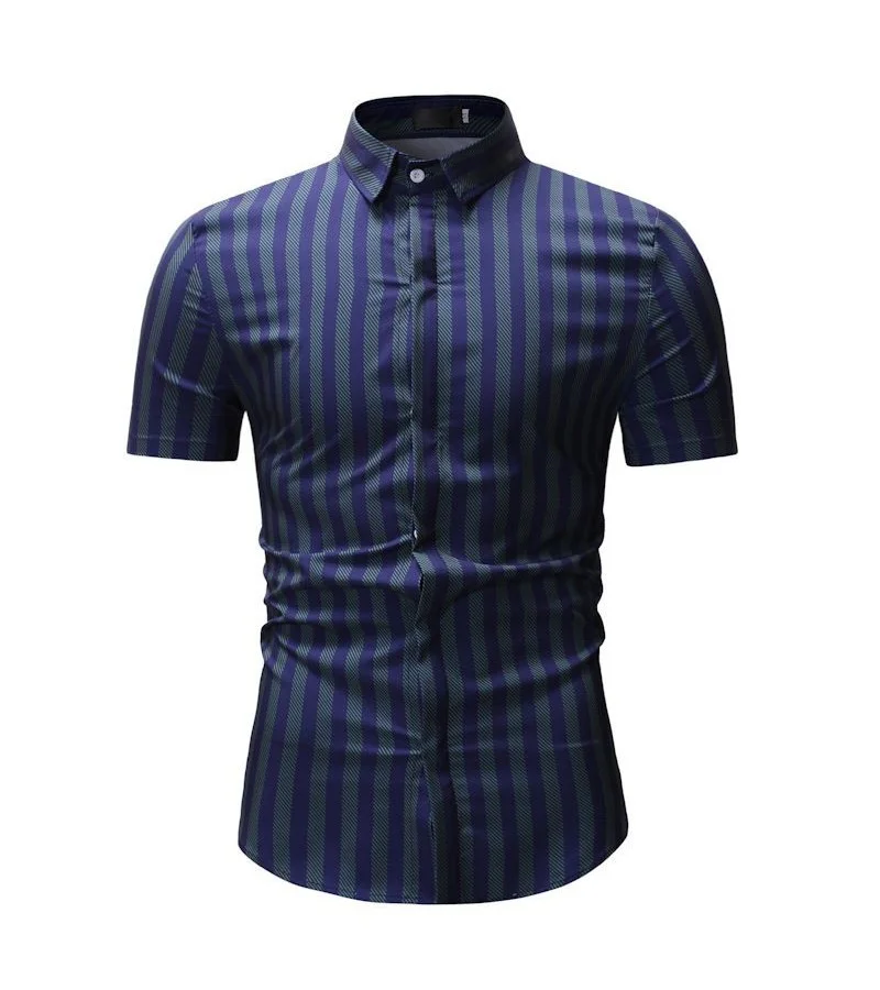 Men Vertical Stripe Print Loose Short Sleeves Shirt