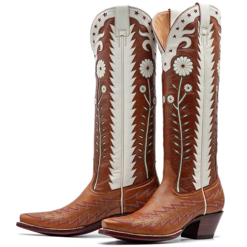 Brown & White Embroidered Flower Inlay Knee High Heeled Cowgirl Boots