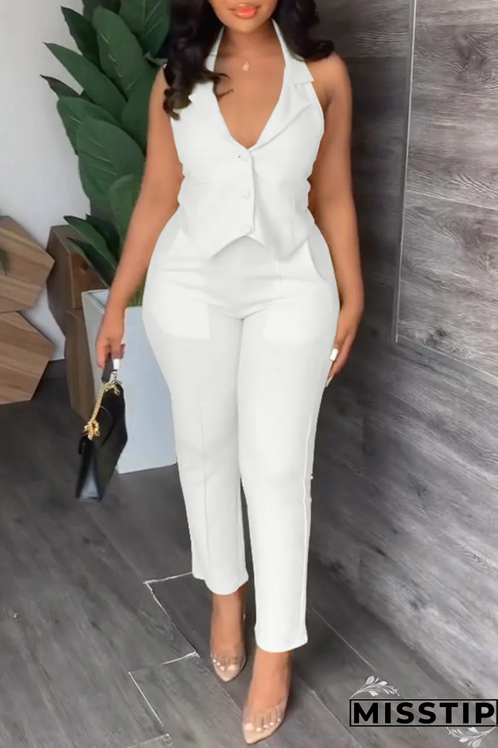 Black Casual Solid Backless Halter Sleeveless Two Pieces