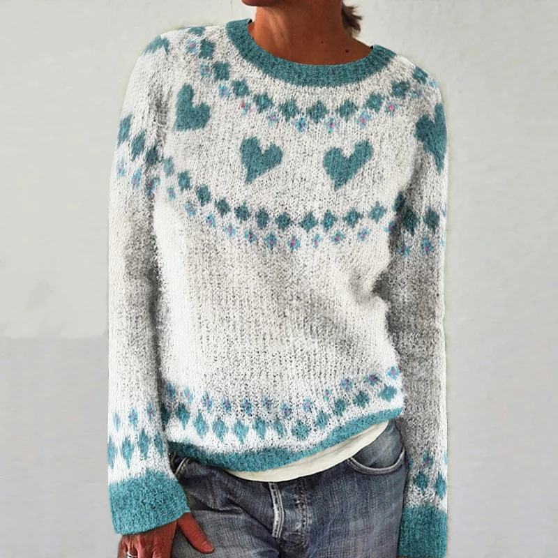 Retro Love Diamond Print Crew Neck Sweater