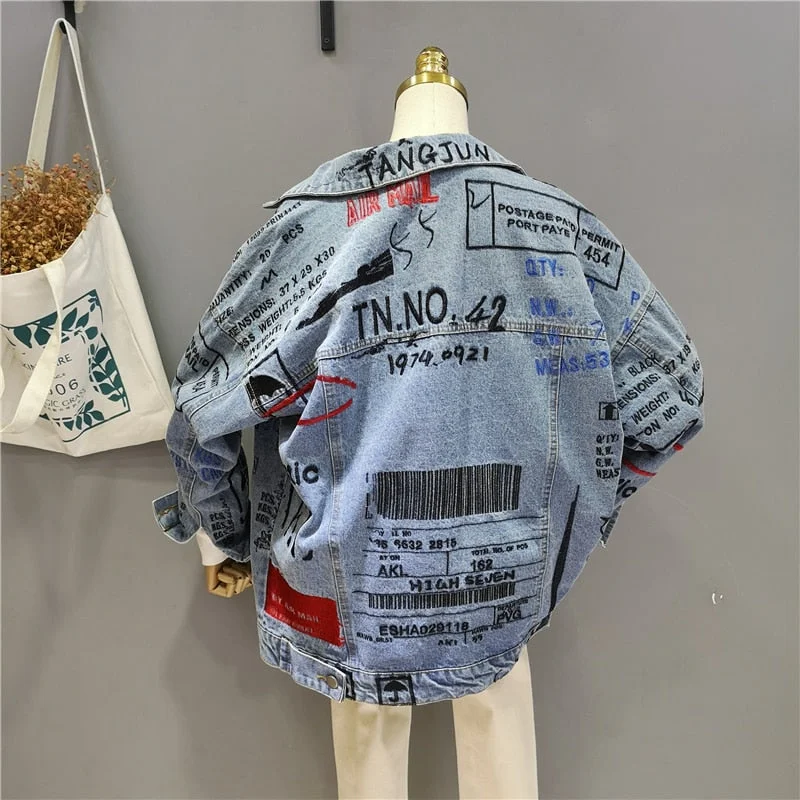 2021 Women Denim Jacket Loose Letter Embroidery Harajuku Large Size Denim Coat Single-Breasted Turn Down Collar Female Jacket