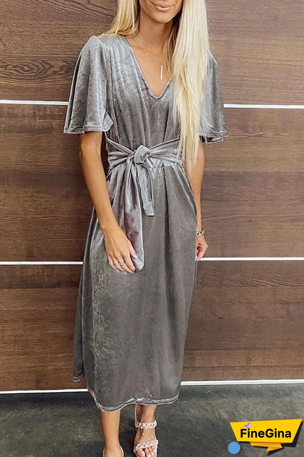 Pleuche V-Neck Knotted Short Sleeve Dress