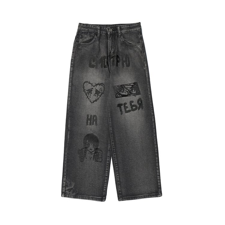 Cartoon Jeans Men's plus Size Retro Sports Trousers Casual Trousers Men Jeans
