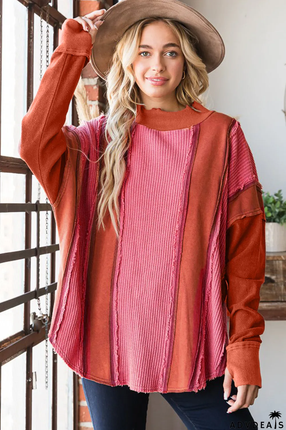 Red Waffle Knit Ripped Exposed Seam Patchwork Top with Thumbhole