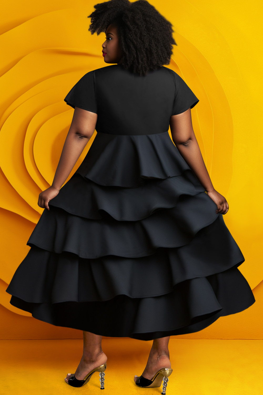 Design Plus Size Daily Black Round Neck Short Sleeve Flounce Cotton Midi Dresses [Pre-Order]