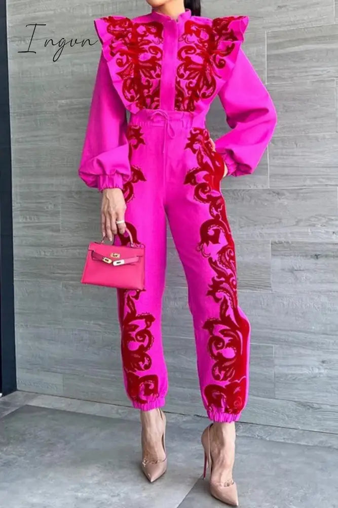 Ingvn - Elegant Solid Pocket Stringy Selvedge Mandarin Collar Long Sleeve Two Pieces Rose Red / S
