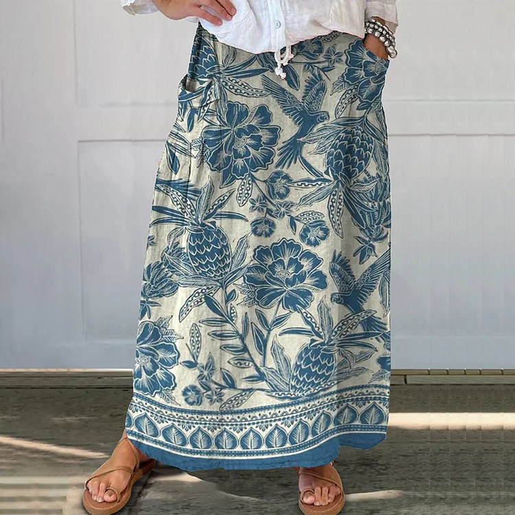Utbros Vintage Ethnic Floral Print Loose Skirt