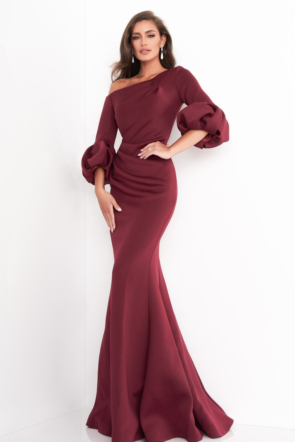 Ovlias Stunning Burgundy Asymmetric Puff Sleeve Slimming Couture Prom Dress LY0635