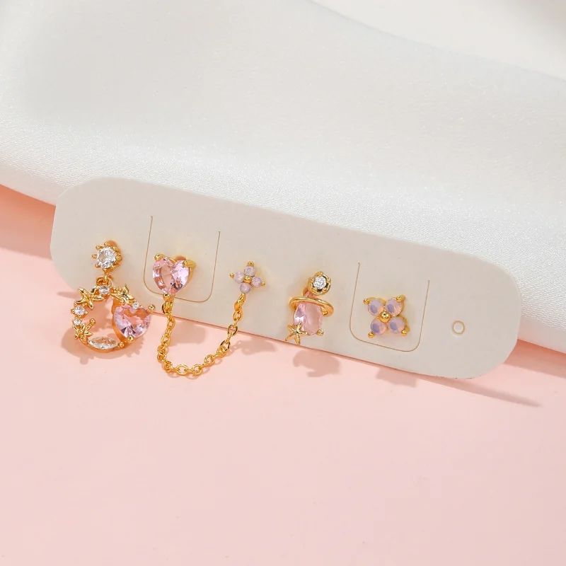Pink Flower Zircon Stud Earring 4PCS Sets