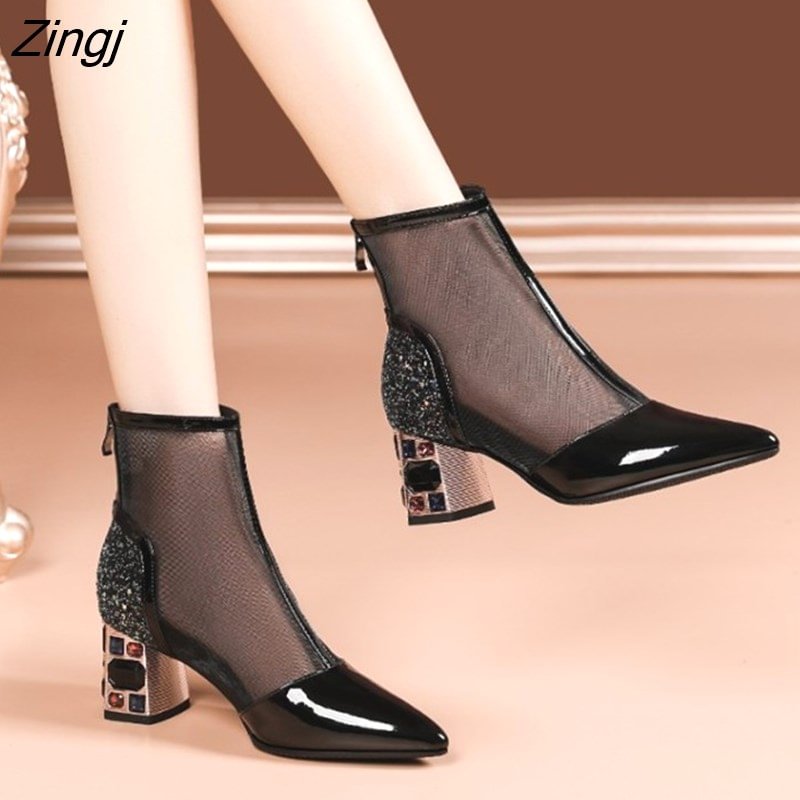 Zingj New Fashion Summer Ankle Boots Women's Shoes Women's Mid Heel High Heels Heel Zipper Boots Cutout Ladies Women's Boots