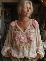 Women's Bohemian Pink Rose Embroidered Linen V-neck Long Sleeve Top