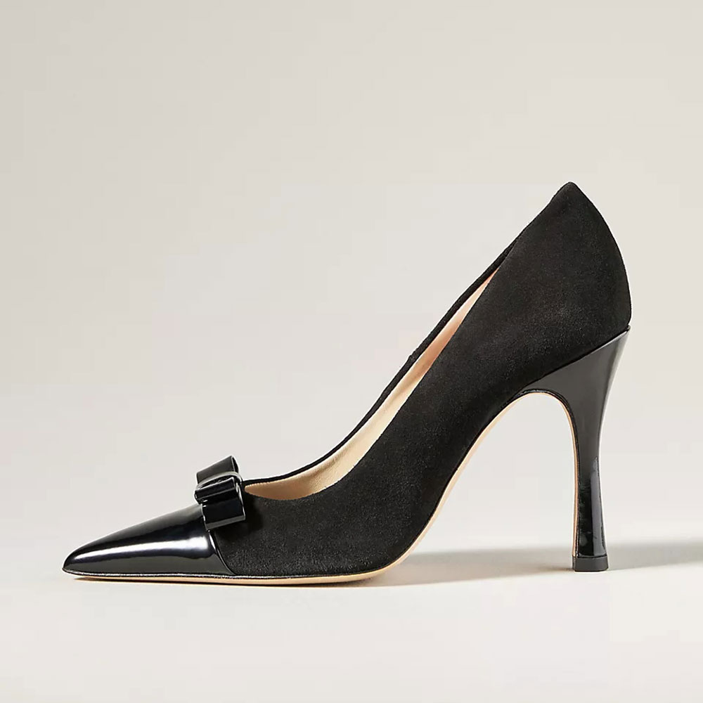 Black Pointed Toe Stiletto Heel Bow Pumps for Women Nicepairs