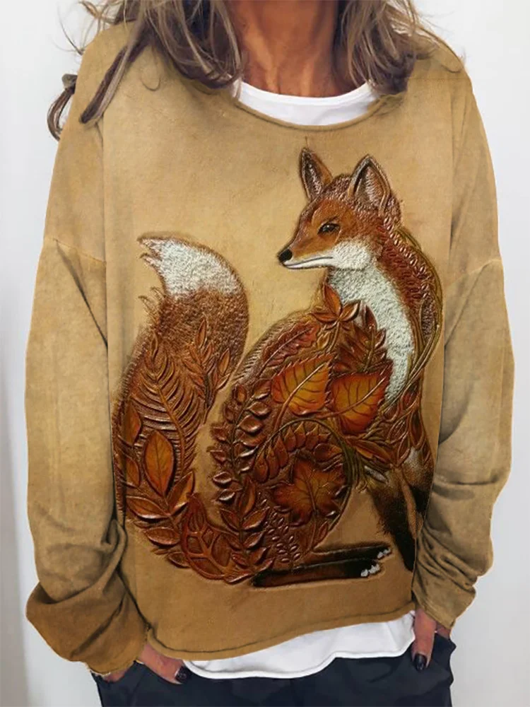 Wild Fox Leaves Leder Art Loose Sweatshirt