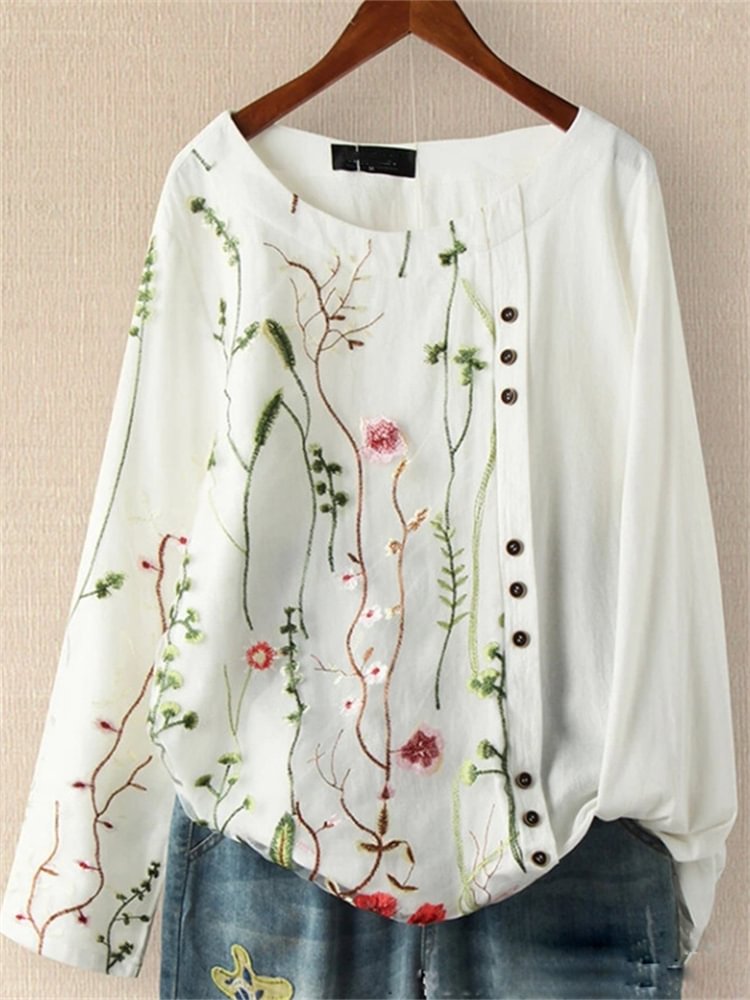 Artwishers Elegant Floral Embroidered Button Accent Tunic