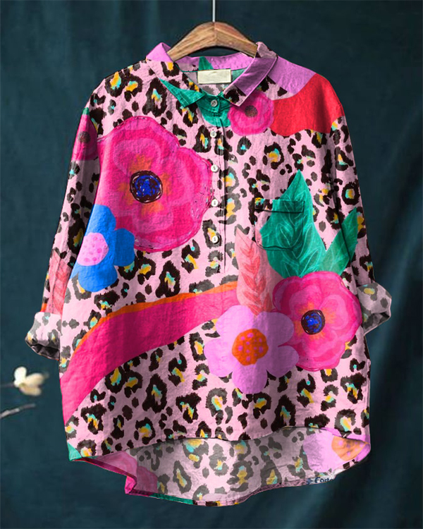 Vintage Leopard Floral Cotton and Linen Casual Shirt