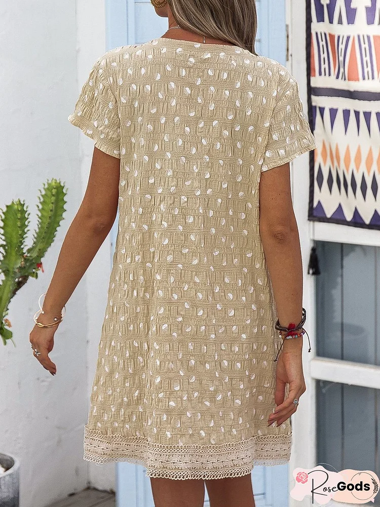 Yellow Short Sleeve V Neck A-Line Polka Dots Women Dress