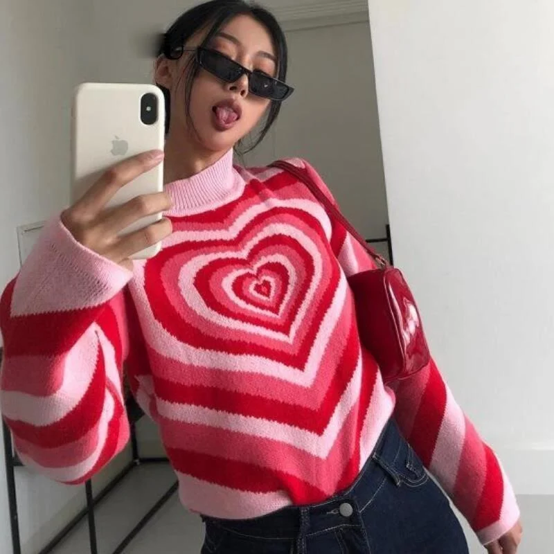Knitwear Y2K Sweater Aesthetics Heart Striped Turtleneck Pullovers Girls Sweet Long Sleeve Harajuku 90s Streetwear Fashion 2021