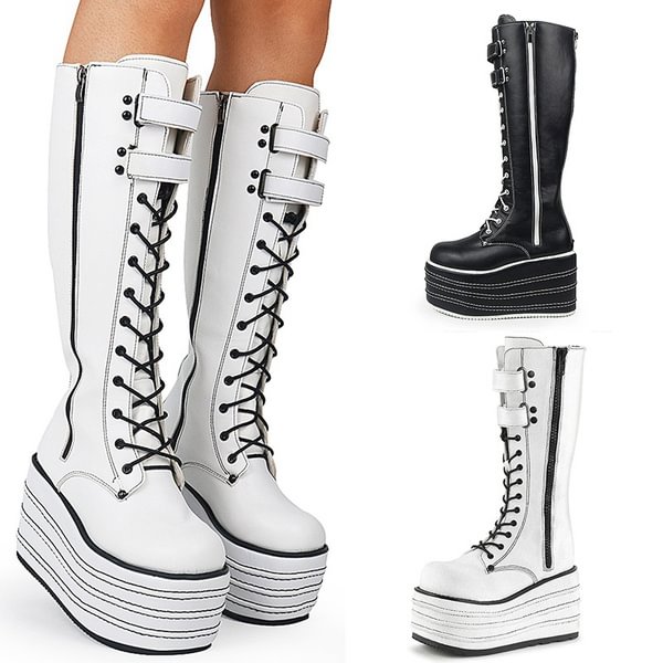 Women's Punk Fashion Boots High Heel Shoe Round Toe Wedge Middle Tube Boots Zipper Mid-platform Boots - Shop Trendy Women's Clothing | LoverChic