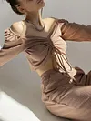Sexy V-Neck Long Sleeve Drawstring Top&Wide Leg Pants Casual Suit