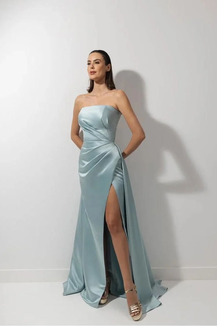 Oknass Strapless Sleeveless Long Mermaid Prom Dress With High Split Ruffles