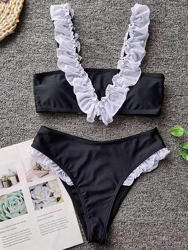 Ruffled Embellished Bandeau Split Bikini Swimsuit