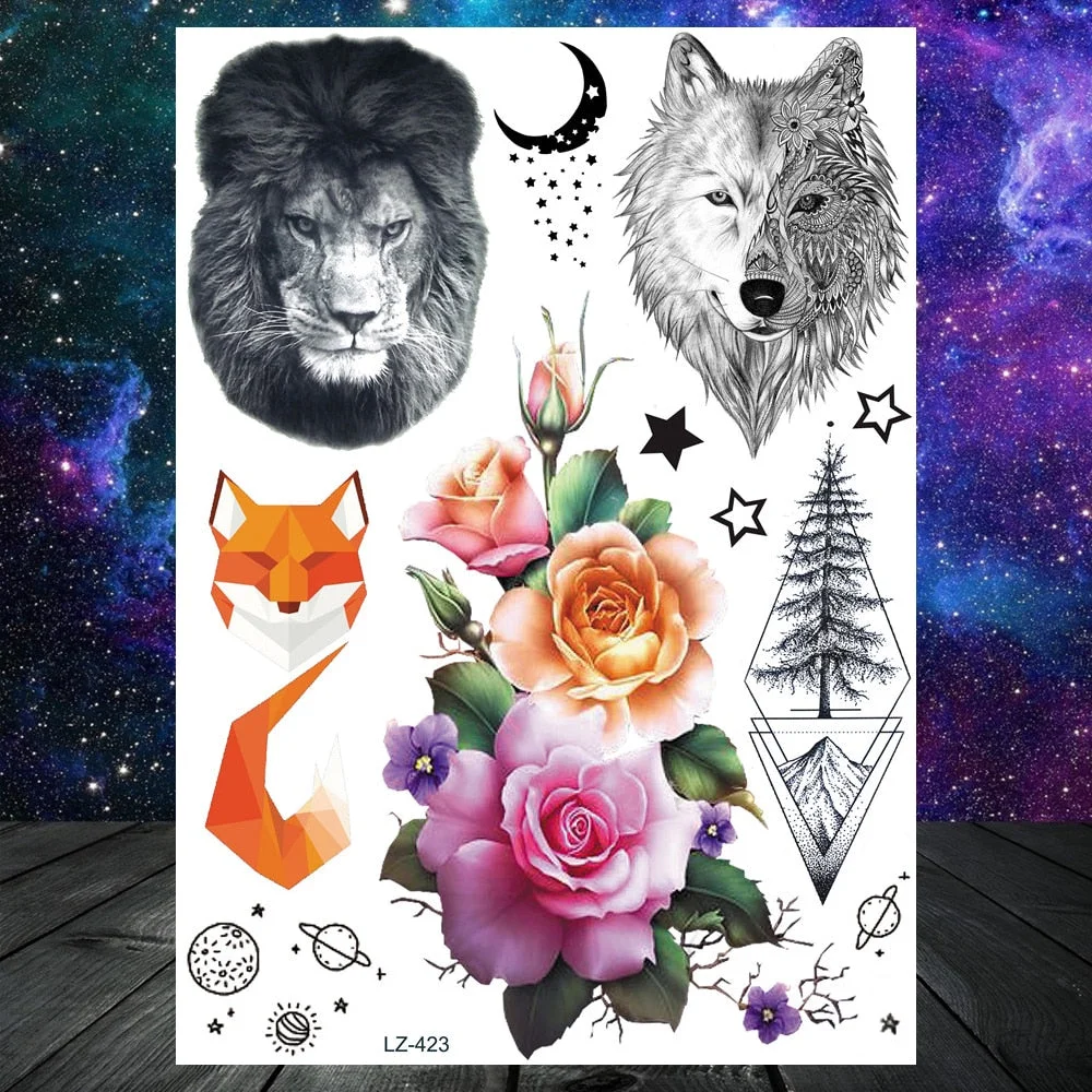 Realistic Fake Black Animal Temporary Tattoos Sticker For Men Women Geometric Wolf Outer Space Tatoo Temporary Decal For Kids