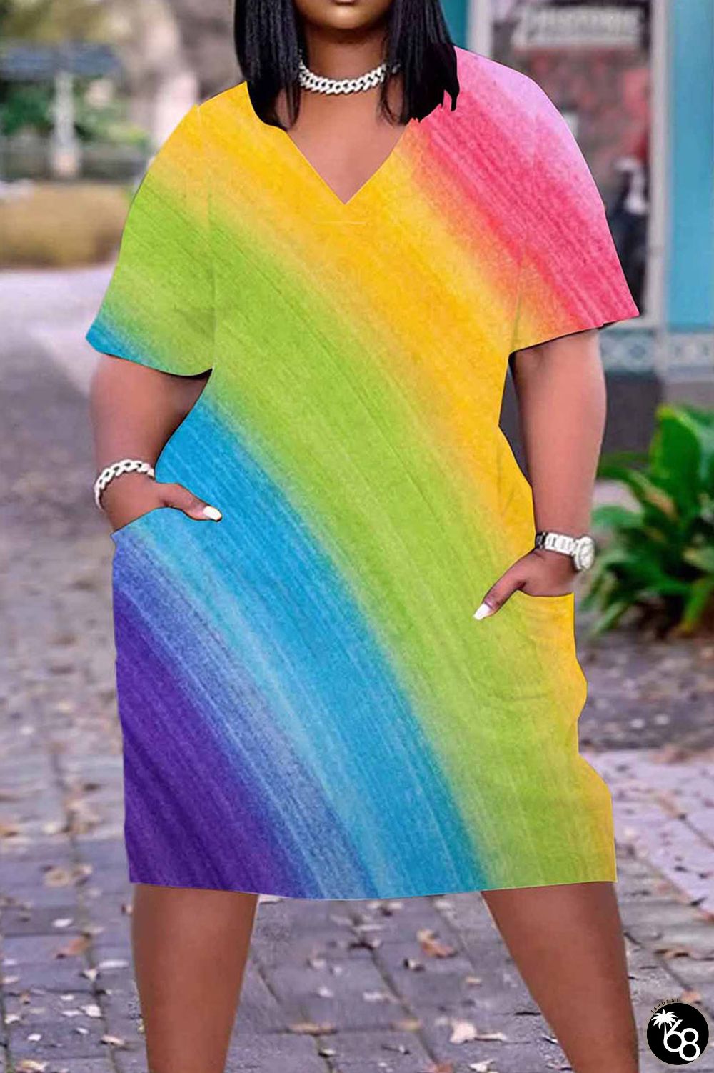 Casual Print Basic V Neck Short Sleeve Dress Plus Size Dresses | 168DEAL