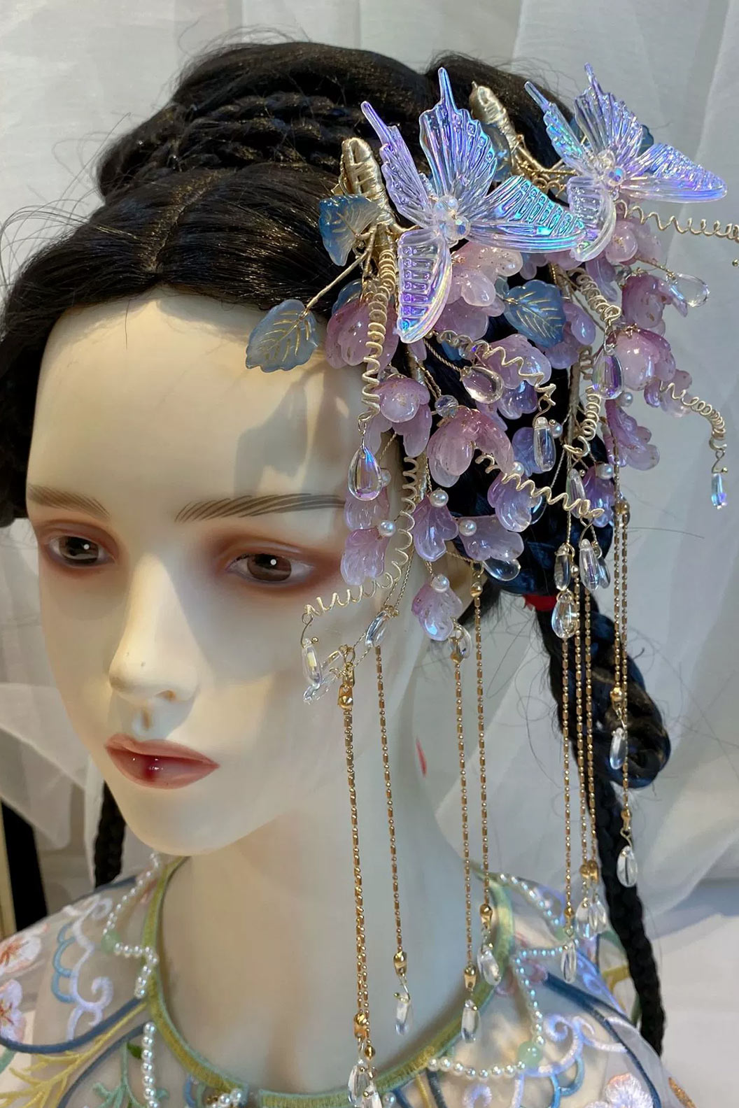 Chinese Wig Hairpin Pink Flowers and Butterflies Stupa Stones