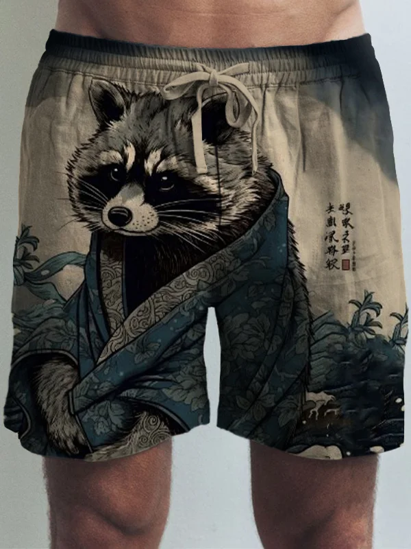 Men's Raccoon Rough Sea Waves Japanese Art Printed Casual Shorts