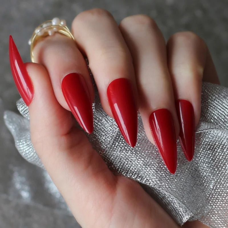 long shiny fake nails brick clour Stiletto glossy false nails Long almond salon art false nails nude Middle length-Nail Inspo