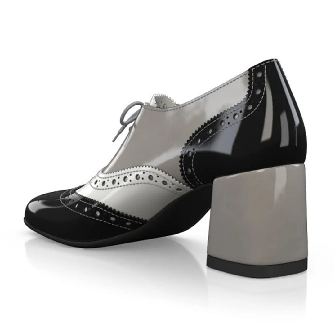 Black and Grey Round Toe Lace-Up Wingtip Shoes with Block Heels
