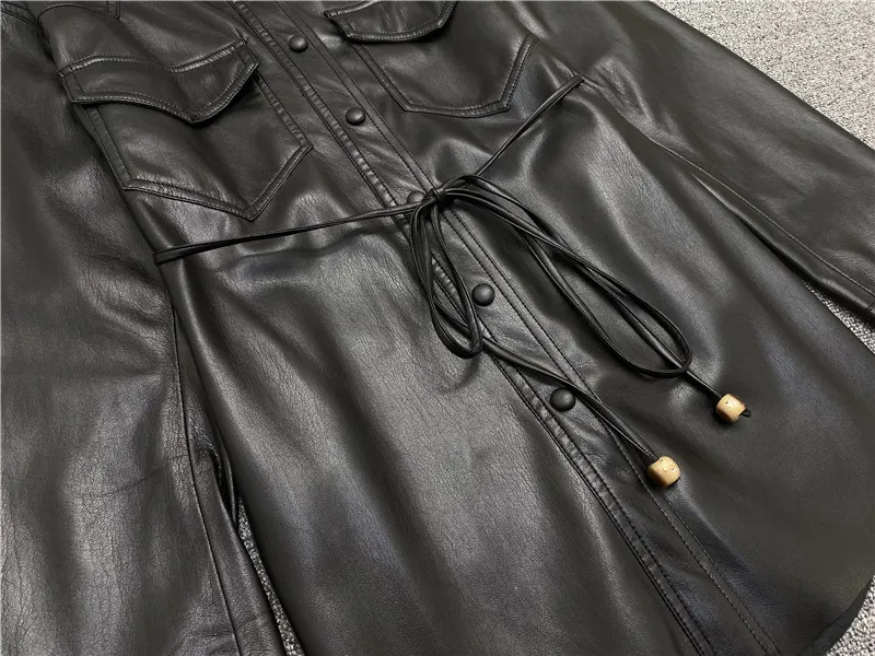 Niche artificial leather shirt women's single breasted drawstring long sleeve leather jacket-vocosishoes