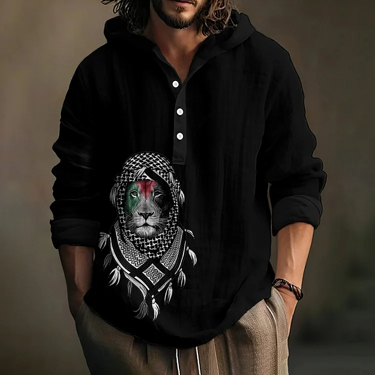 Men's Be Free And Peace Forever Print Casual Linen Hooded Shirt