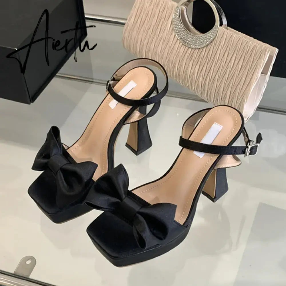 Aiertu  2024 New Brand Super High Heels Sexy Sandals Fashion Pink Silk Bowknot Square Open Toe Chunky Platform Shoes Women Pumps Aiertu