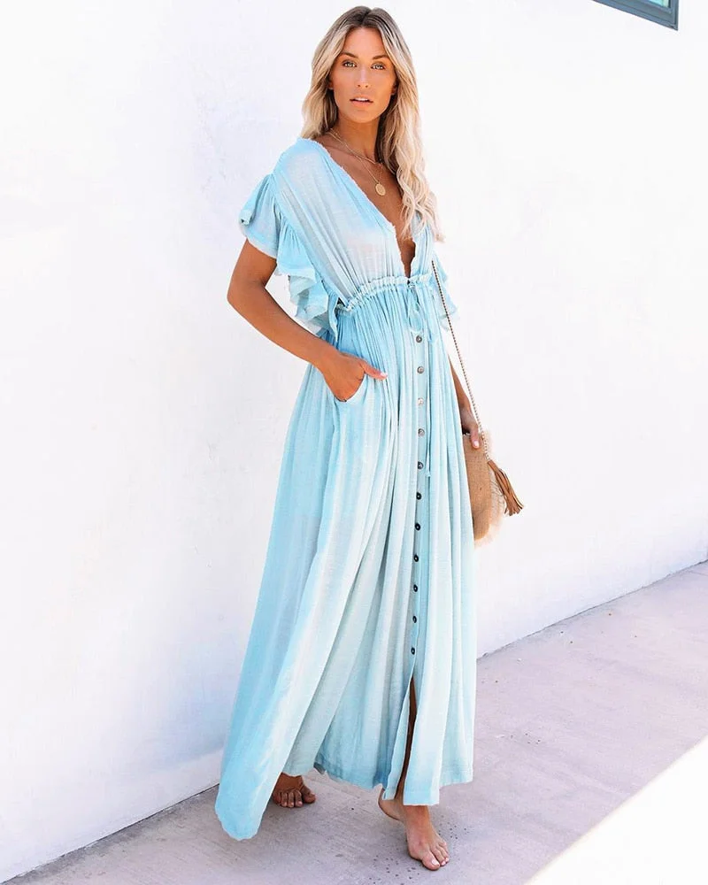 Fitshinling Bohemian Deep V Neck White Long Dress Backless Ruffles Button Up Pareos Beach Cover Up Holiday Sexy Slim Maxi Robe
