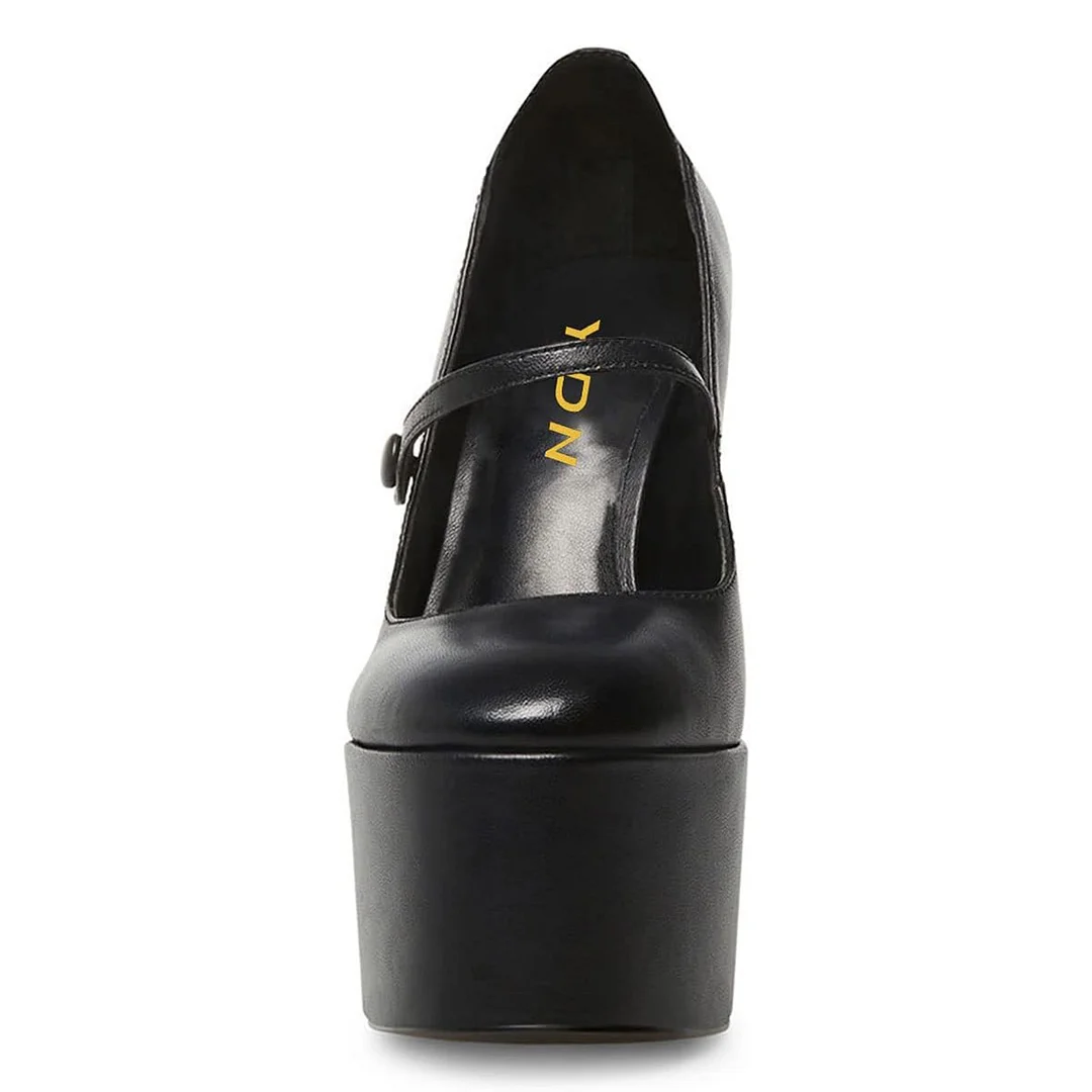 Classic Black Round Toe Chunky Heeled Mary Janes with Platform