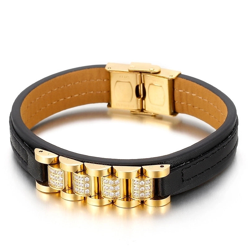 Hip-Hop Retro Color Block Pu Leather Titanium Steel Chain 18K Gold Plated Men’s Bangle