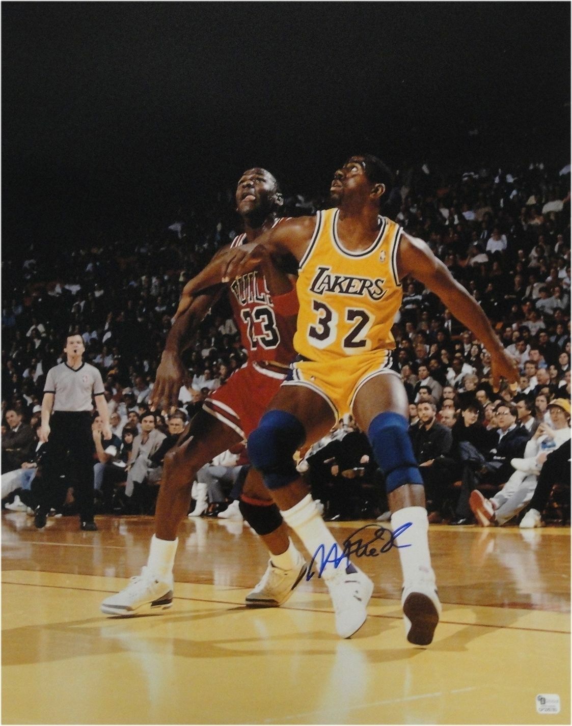 Magic Johnson Hand Signed Autographed 16x20 Photo Poster painting VS Michael Jordan Blue Ink GAI