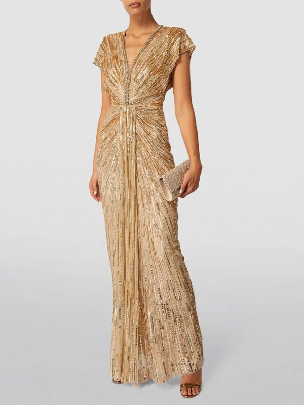 V-Neck Sequined Short-Sleeved Solid Color Maxi Dress