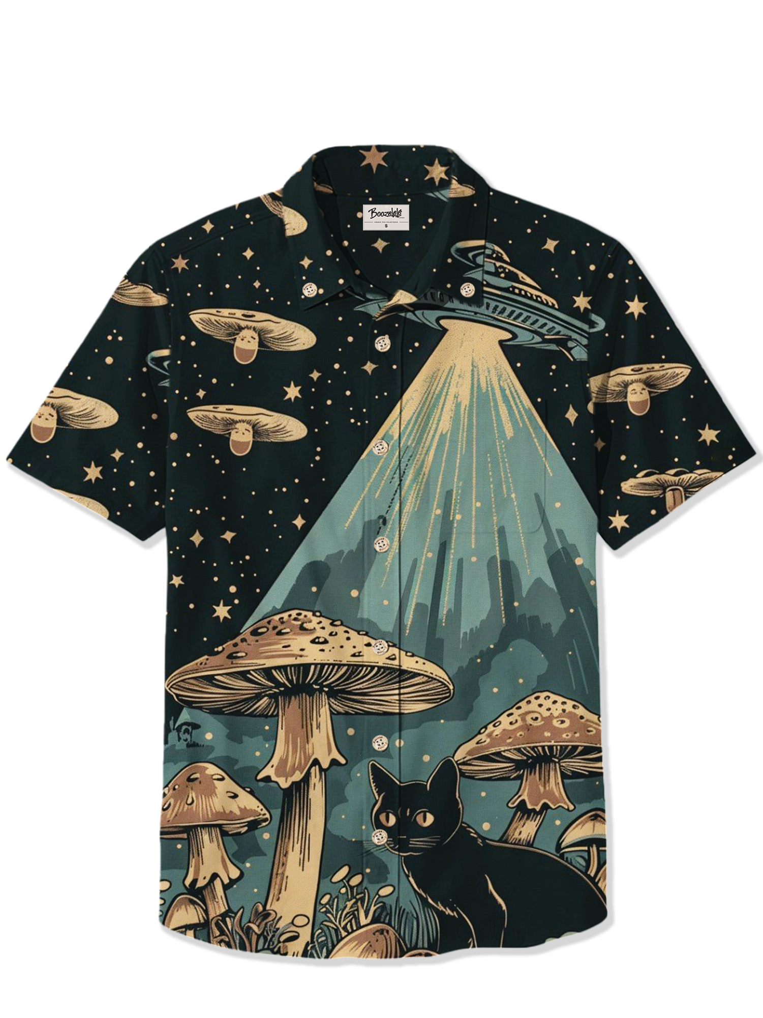 Retro Spaceship And Black Cat - 100% Cotton Shirt