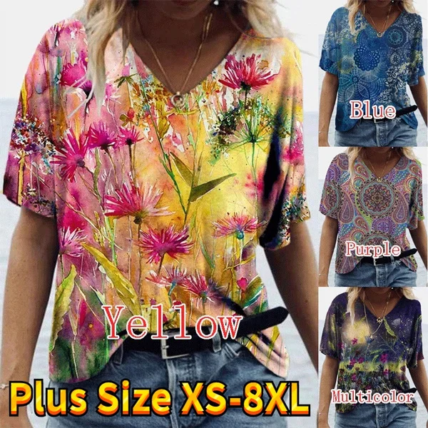 Spring And Summer Women's Printed Short Sleeve Tops Casual Shirts Plus Size Blouse Fashion V-neck Tshirt Plus Size XS-8XL