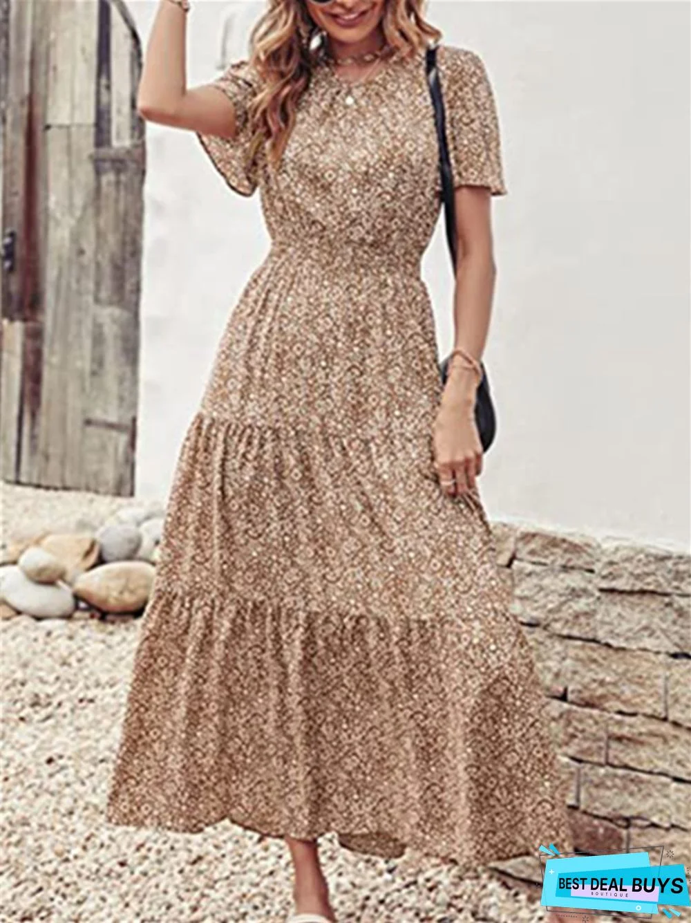 Women's Round Neck Pleated Elastic Waist Layered Short Sleeve Dress