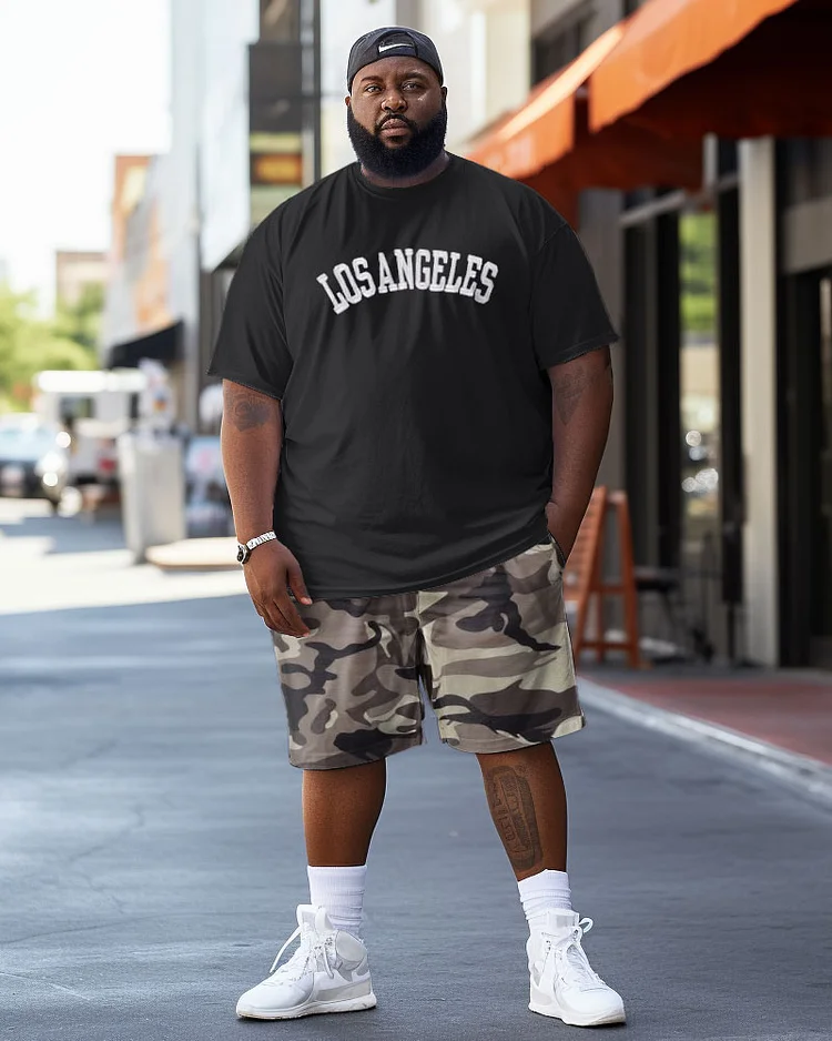 Men's Plus Size Street Los Angeles Graffiti Camouflage Short Sleeve Shorts Suit