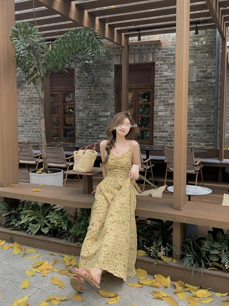 Aiertu Sweet Vintage Floral Strap Dress Women Sexy Elegant V-neck Long Fairy Dress Female 2024 Summer Korean One Piece Dress Party Chic Aiertu
