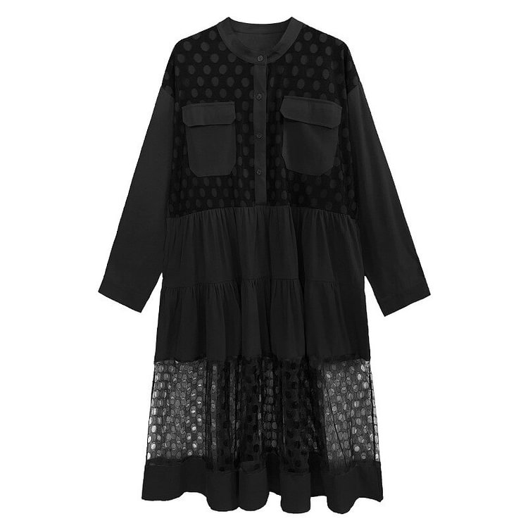 Fashion Loose Half Stand Collar Pockets Splicing Perspective Hollow Out Mesh Long Sleeve Dress